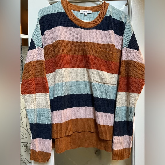Madewell Thompson Pocket Pullover Sweater in Rainbow Stripe Size Medium - Picture 2 of 8